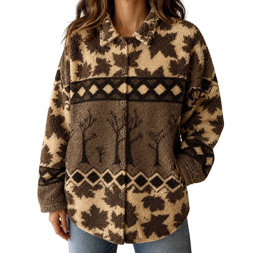 Pacific Cove Vintage Fleece Button Up Shirt Sweater Maple Leaf Tree Nature L - Picture 2 of 8